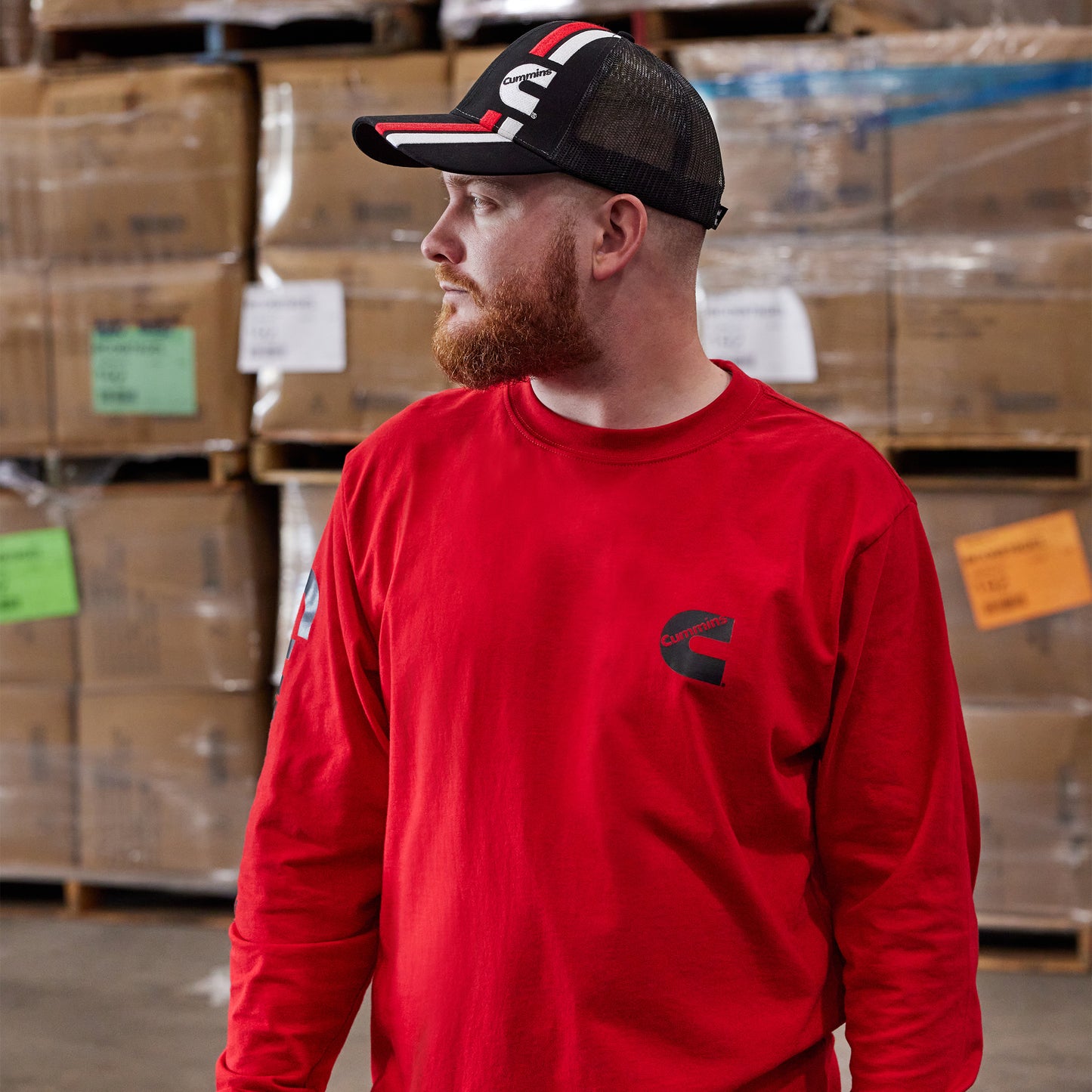 Mens Red LS T-Shirt with BLK Wordmark 2X
