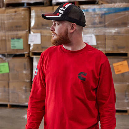 Mens Red LS T-Shirt with Blk Wordmark L