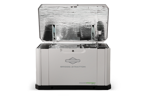 Portable generator with clear cover on a white background